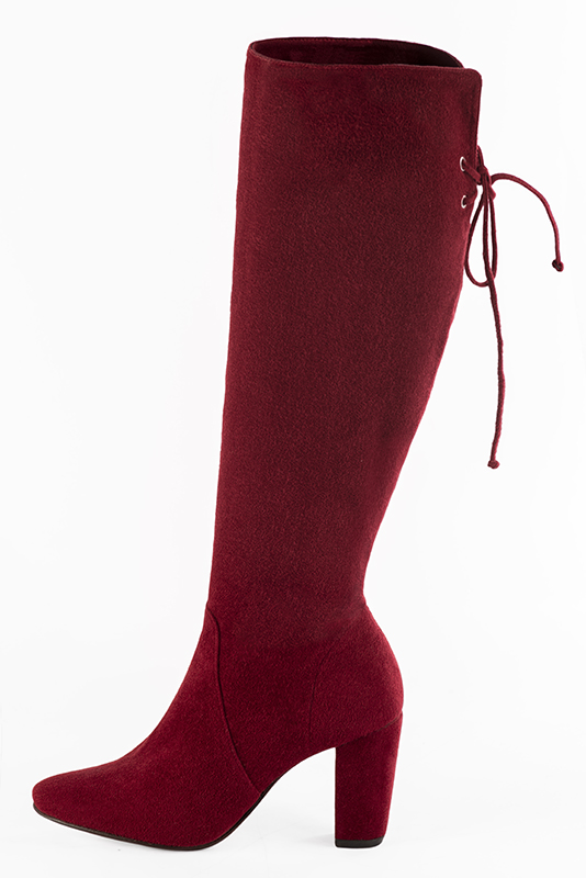Burgundy red women's knee-high boots, with laces at the back. Round toe. High block heels. Made to measure. Profile view - Florence KOOIJMAN
